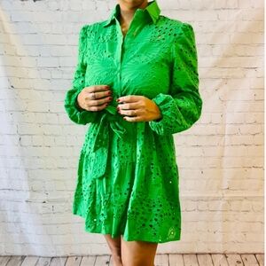 Sunday Up Green Eyelet Embroidered Dress With Belt Mini Green Sz S